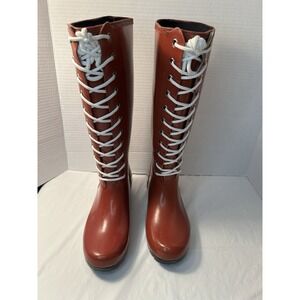 Roma Lace Up Rubber Rain Boots Red/White Women's 6
